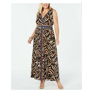 INC PLUS SIZE Sleeveless Brown 1X Tiger Print Faux Wrap Maxi Dress NEW #462